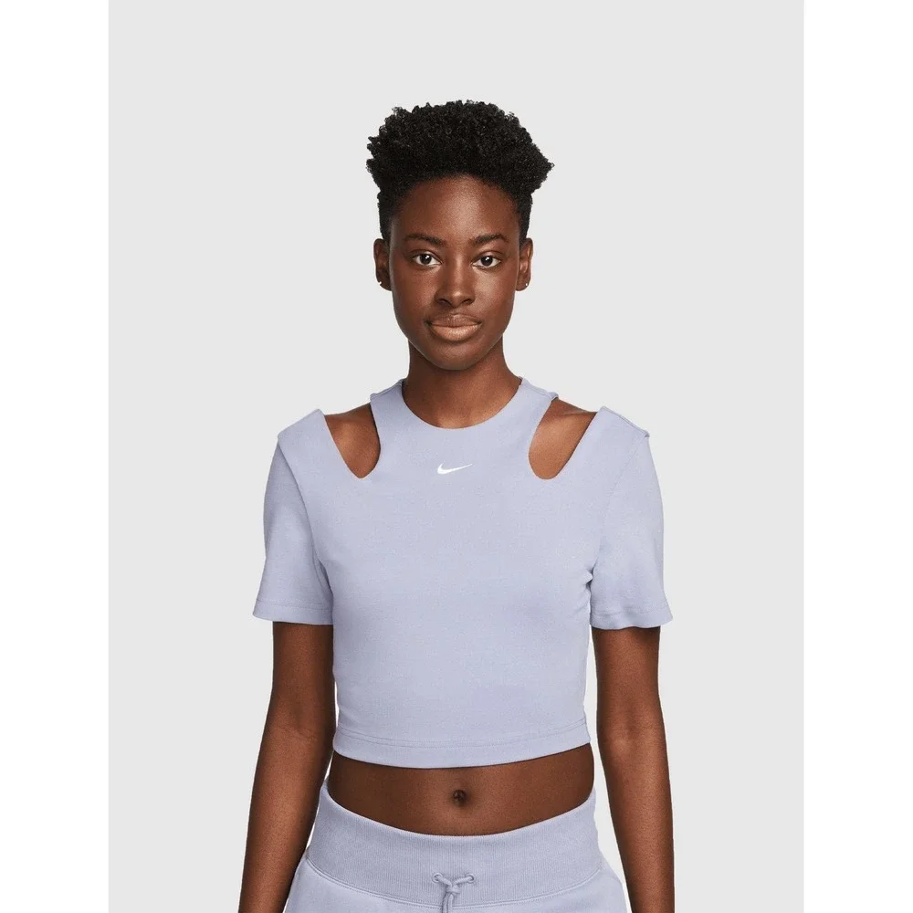 Nike Sportswear Essential Ribbed Cut-Out‎ Short Sleeve Top Lavender Purple Small